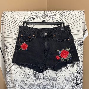 Rose Embroidered Black Jean Shorts